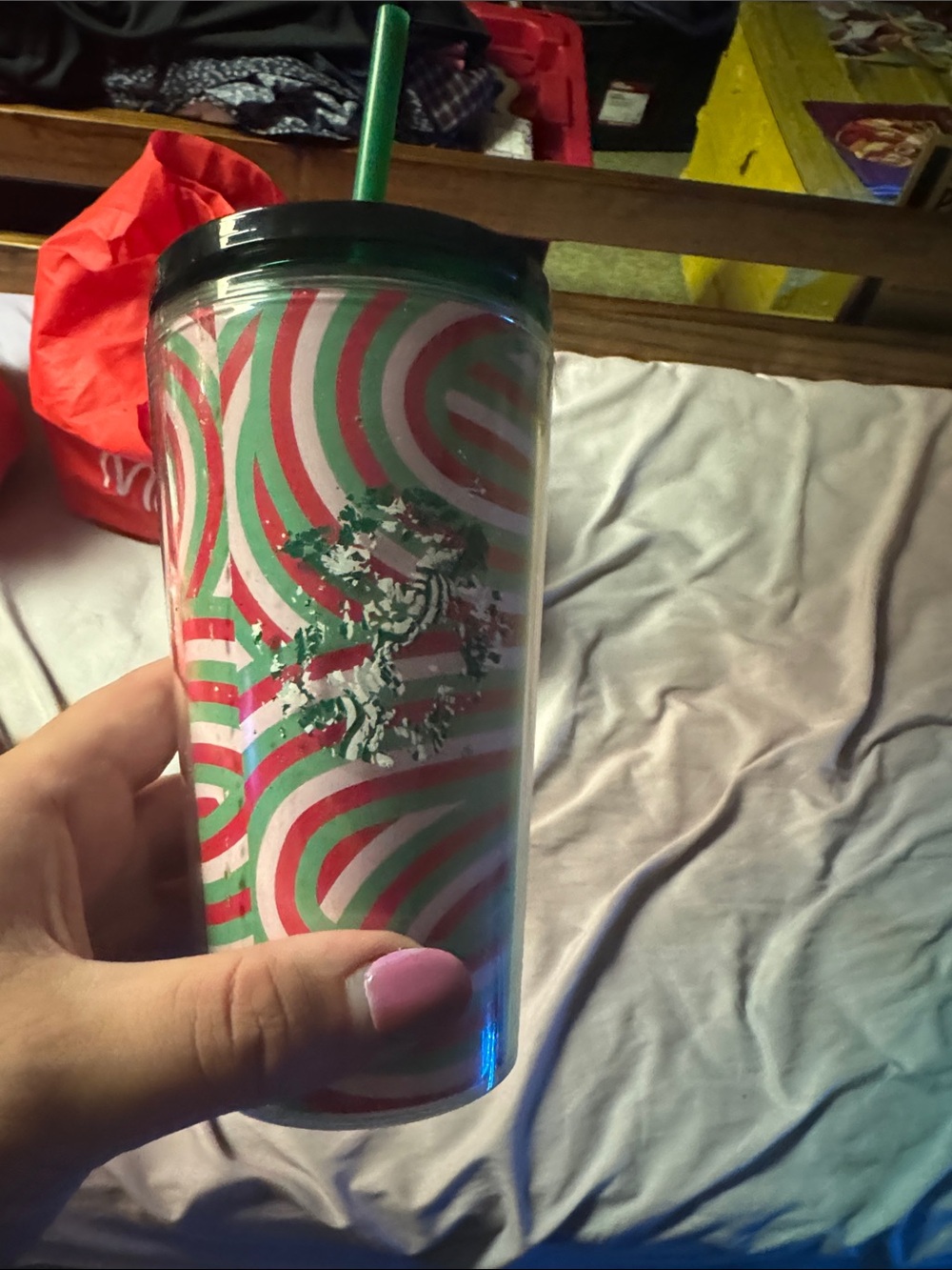 Starbucks Red, Green & White Swirl Reusable Tumbler with Straw